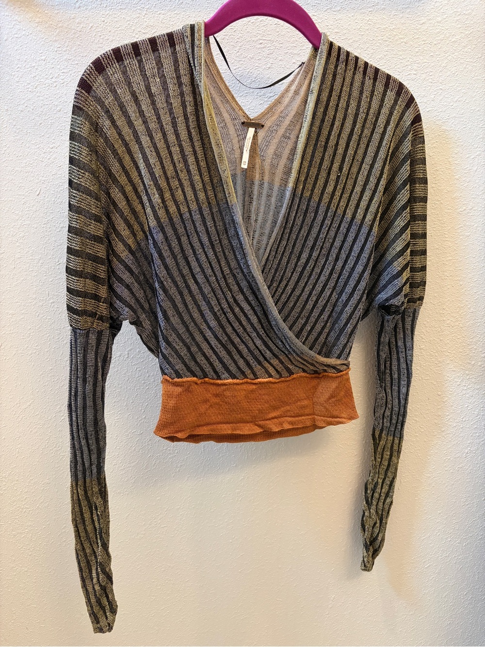 Free People Pluto Faux Wrap Top sweater in Olive, Gray & Rust XS